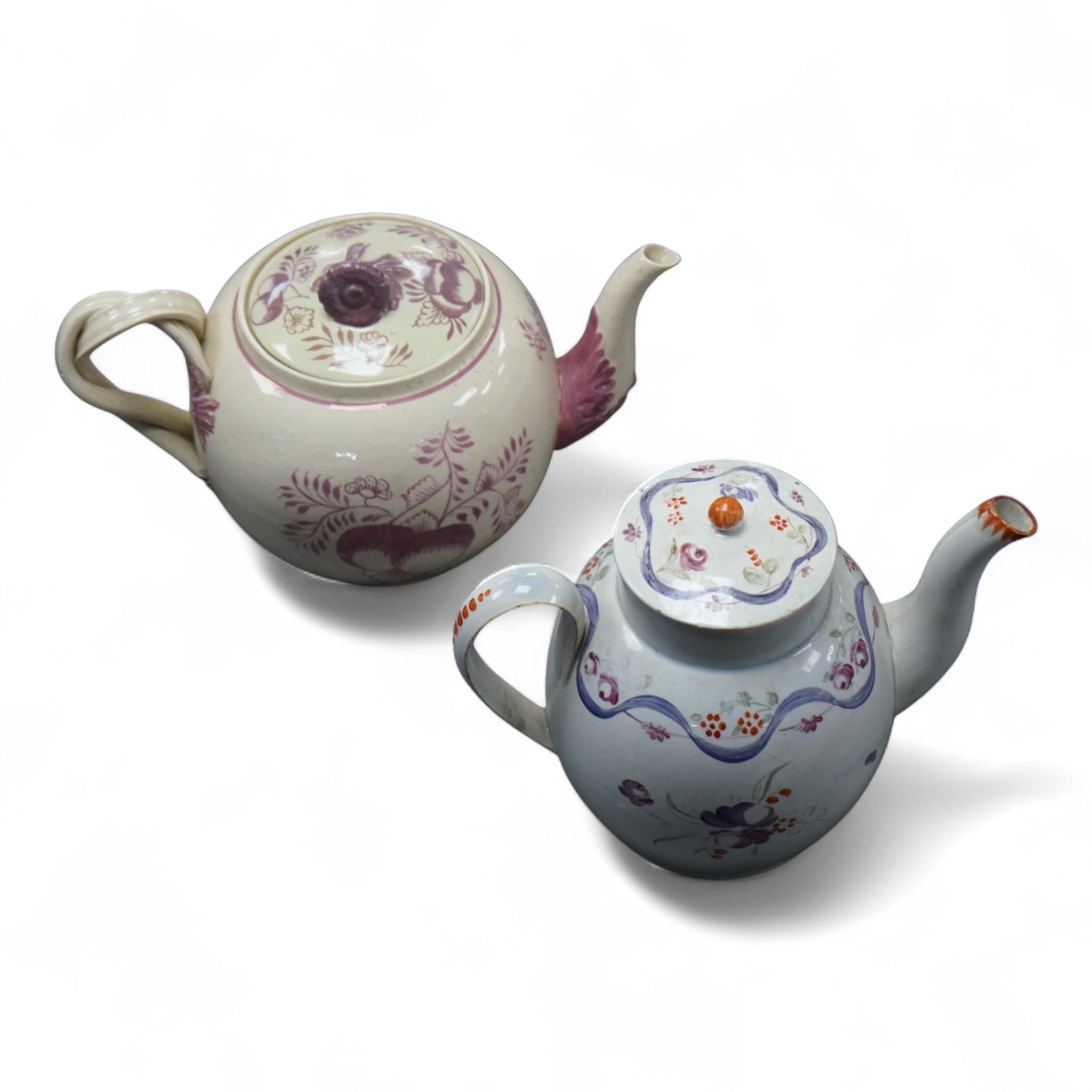 Leeds pottery, a creamware teapot, c.1785 and a pearlware teapot, c.1795, both stamped, tallest 13cm high